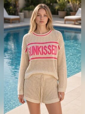 NWT Cha Cha SUNKISSED 2-Piece Open Knit Swim Cover-Up Set Size M Cream Hot Pink